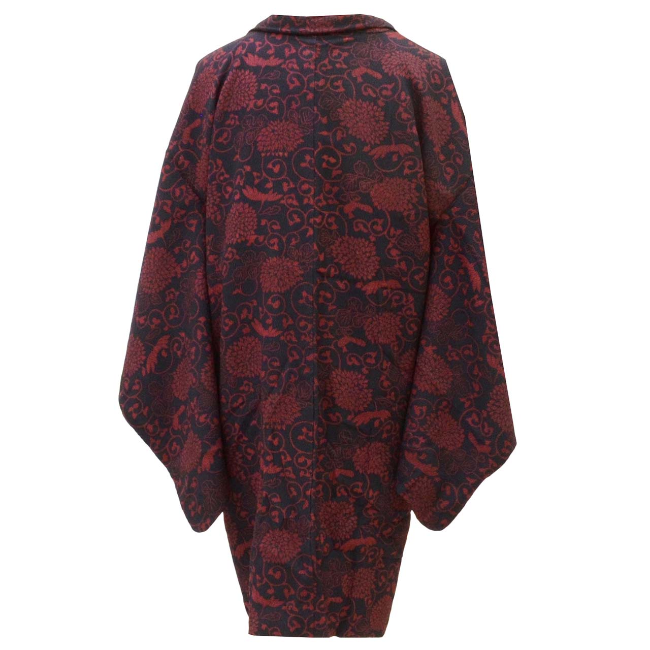 [Used] Long Haori (short jacket), pure silk, recycled haori, sleeve length 63.0cm (24.8in), body length 9.0cm (3.5in), navy blue, floral arabesque pattern, antique style, with haori cord uu1820b 