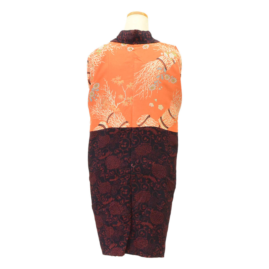 [Used] Long Haori (short jacket), pure silk, recycled haori, sleeve length 63.0cm (24.8in), body length 9.0cm (3.5in), navy blue, floral arabesque pattern, antique style, with haori cord uu1820b 
