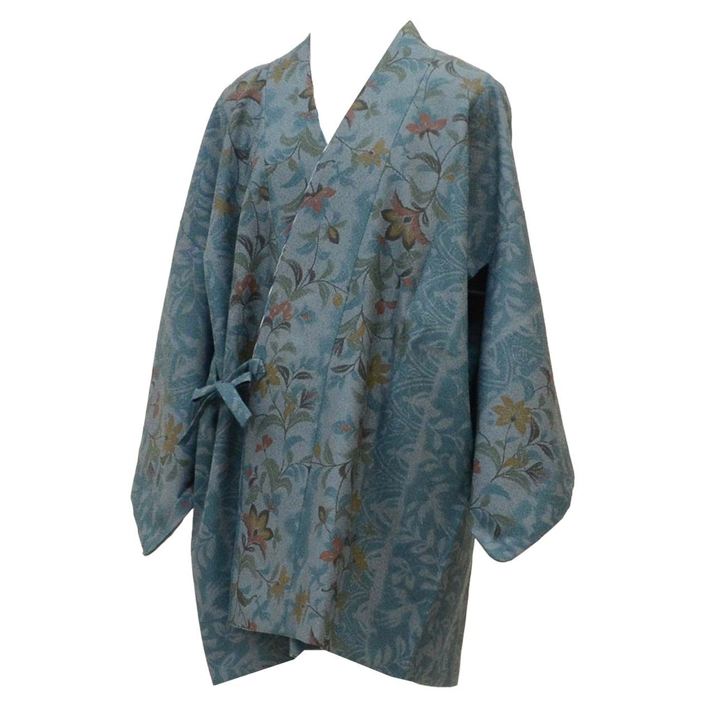Vintage Japanese Kimono | Michiyuki Coat | Gray Blue Synthetic | Floral | Reversible | Washable | Excellent | Sustainable | uu1827b