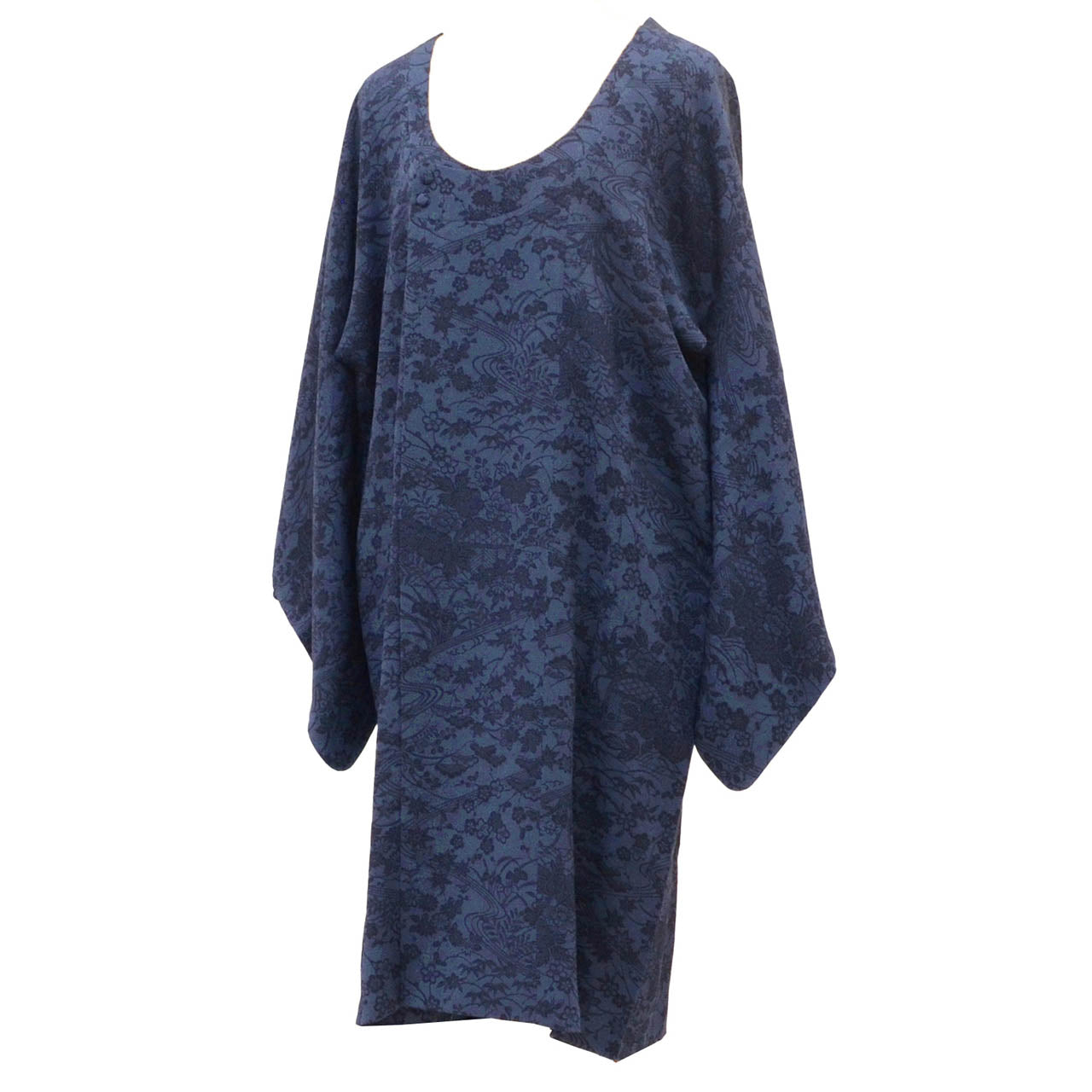 Vintage Japanese Kimono | Michiyuki Coat | Navy Silk Crepe | Floral Stream | Chiyoda Collar | Sustainable | uu1833b