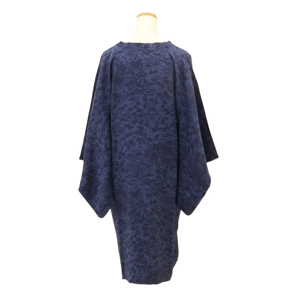 Vintage Japanese Kimono | Michiyuki Coat | Navy Silk Crepe | Floral Stream | Chiyoda Collar | Sustainable | uu1833b