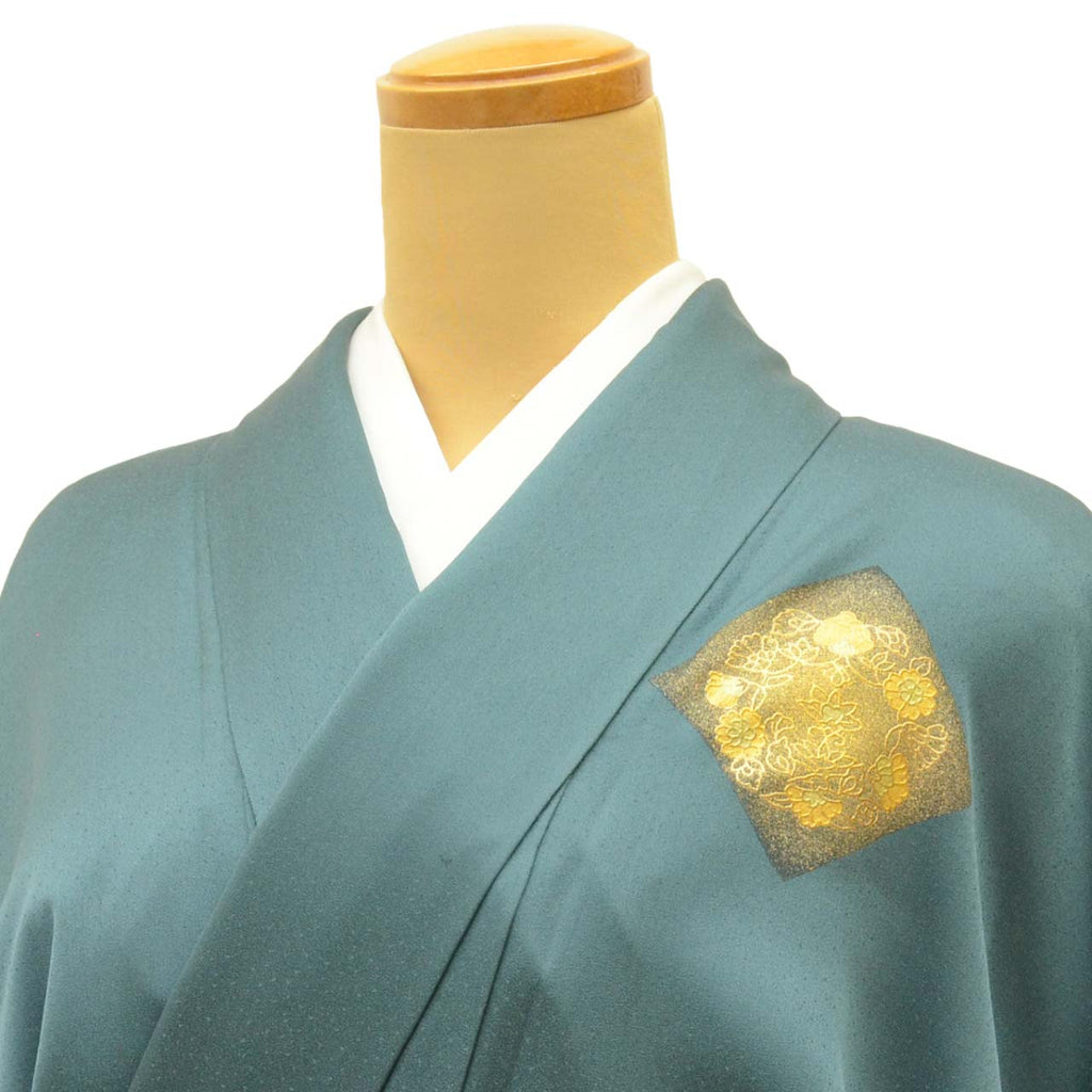 Vintage Japanese Kimono | Tsukesage | Green Silk | Floral | Gold Foil | One Crest | Size M | Sustainable | uu1858b
