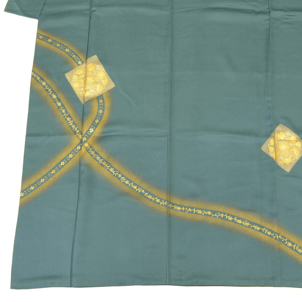 Vintage Japanese Kimono | Tsukesage | Green Silk | Floral | Gold Foil | One Crest | Size M | Sustainable | uu1858b