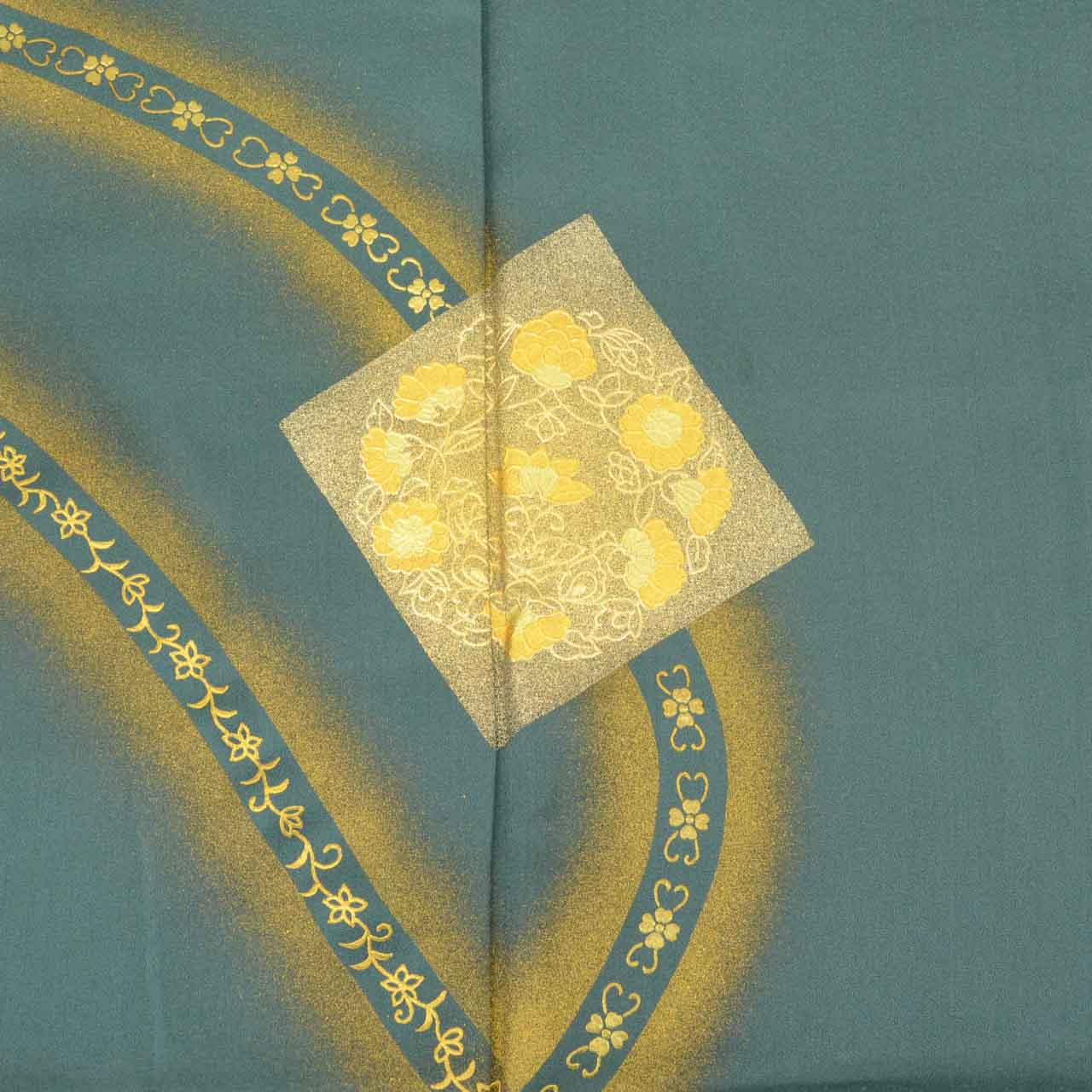 Vintage Japanese Kimono | Tsukesage | Green Silk | Floral | Gold Foil | One Crest | Size M | Sustainable | uu1858b