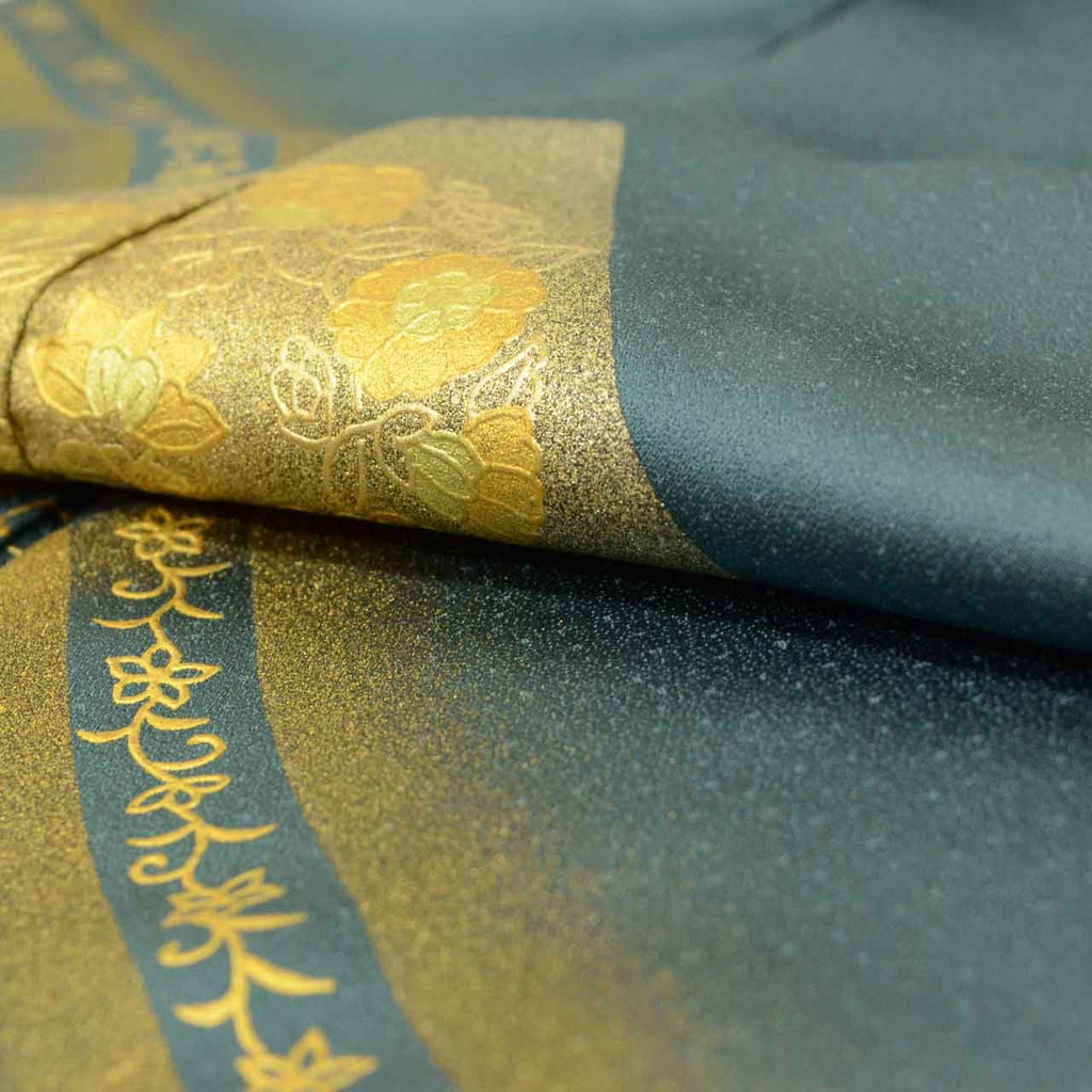Vintage Japanese Kimono | Tsukesage | Green Silk | Floral | Gold Foil | One Crest | Size M | Sustainable | uu1858b