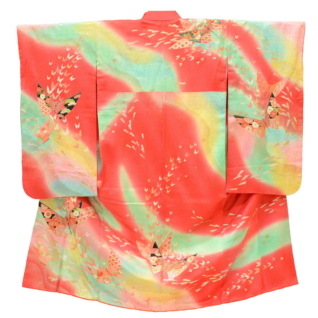 [Used] Recycled Kimono for Girls, Shichi-Go-San (7 years old), Single Kimono, Pure Silk, Ready-made, Sleeve Length 60.5cm (23.8in), Body Length 130.5cm (51.4in), Red, Fan Pattern, Gold Embellishments, uu1868b 