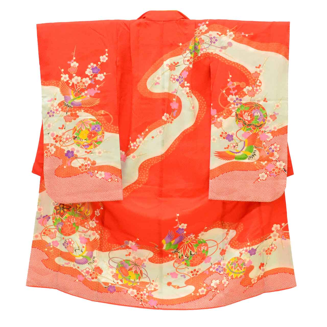 [Used] Recycled Kimono for Girls, Shichi-Go-San (7 years old), Single Kimono, Pure Silk, Ready-made, Sleeve Length 52.0cm (20.5in), Body Length 127.0cm (50.0in), Red, Ball and Crane Pattern, Gold Embellishment, Layered Collar, uu1870b 