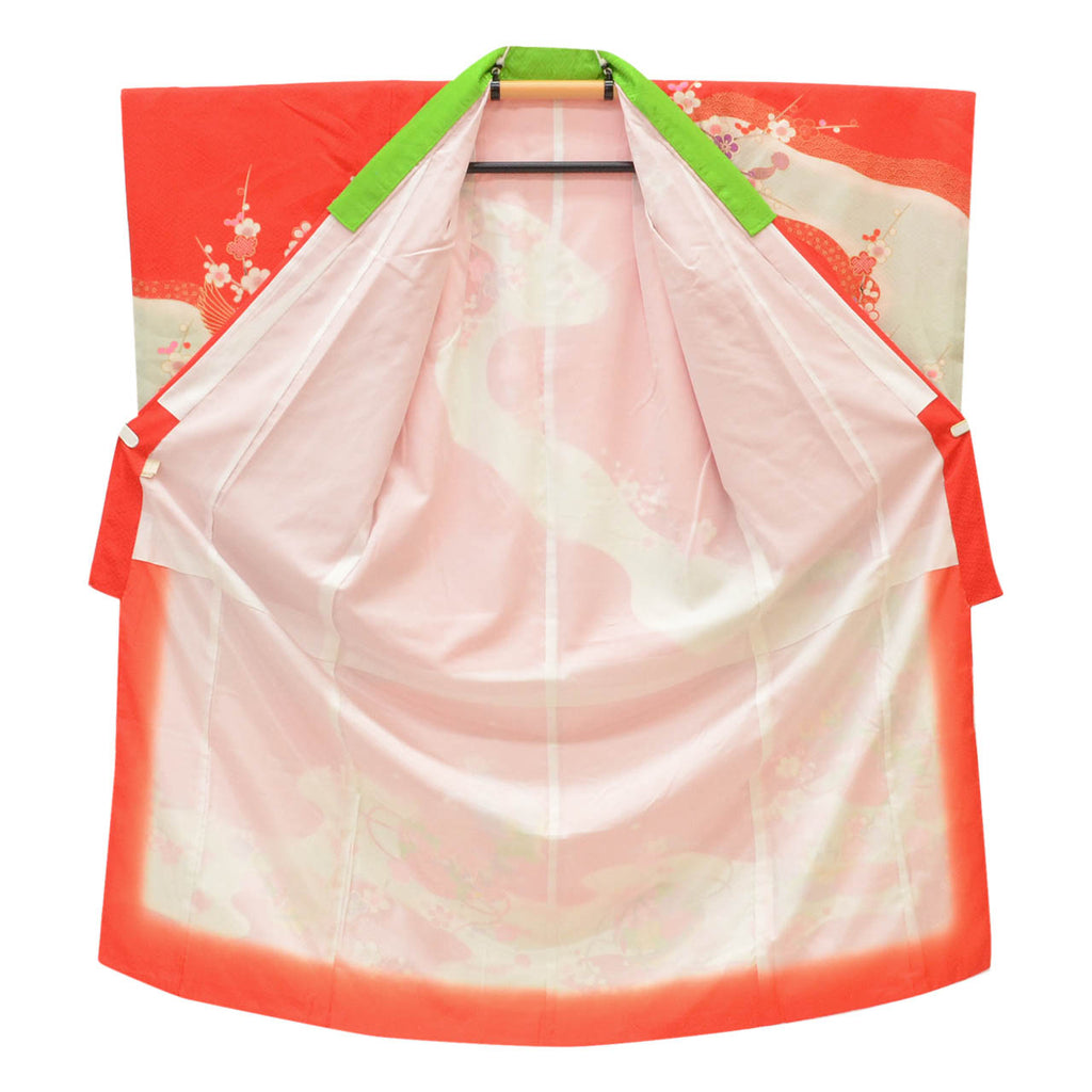 [Used] Recycled Kimono for Girls, Shichi-Go-San (7 years old), Single Kimono, Pure Silk, Ready-made, Sleeve Length 52.0cm (20.5in), Body Length 127.0cm (50.0in), Red, Ball and Crane Pattern, Gold Embellishment, Layered Collar, uu1870b 