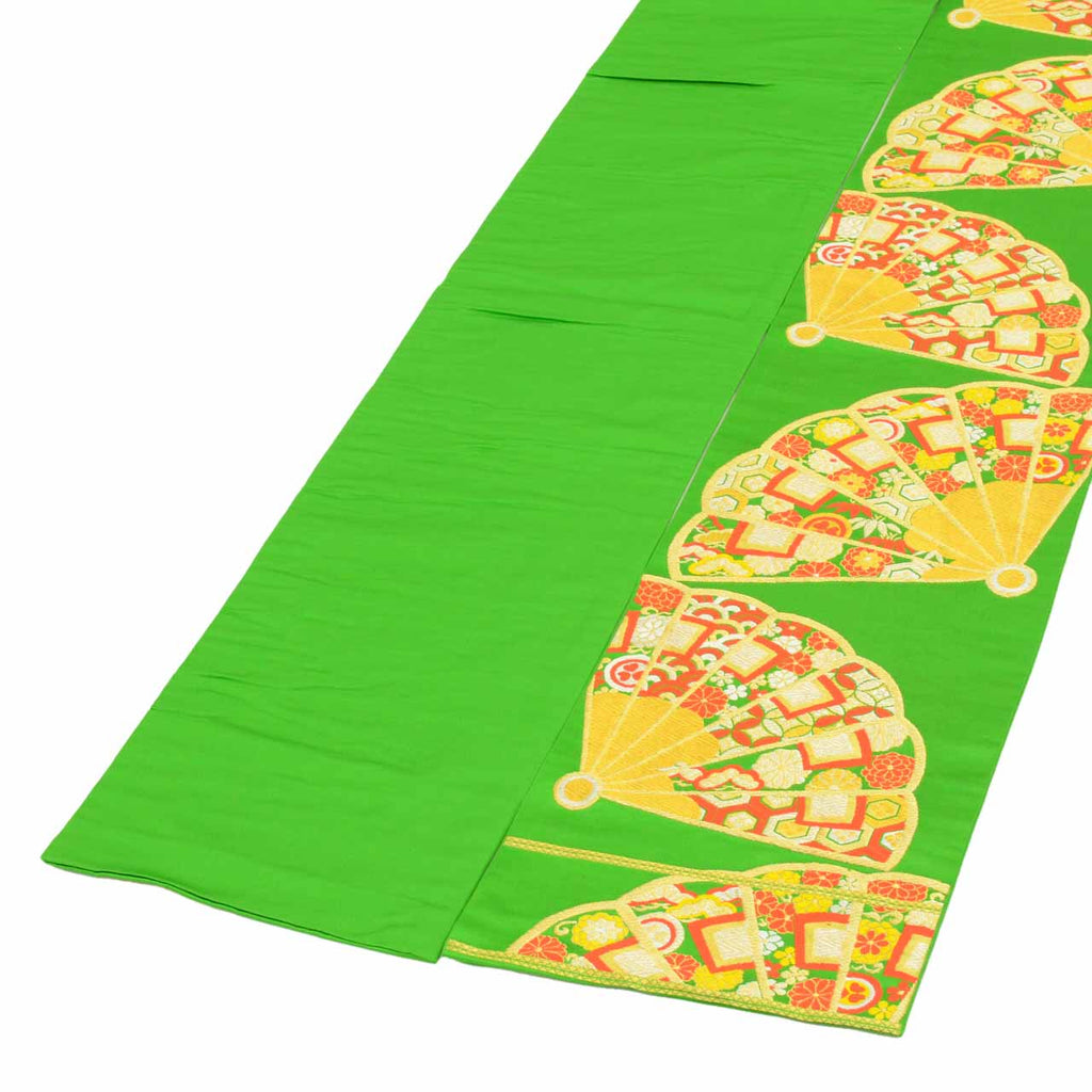 Vintage Japanese Obi | Girl's Fukuro Obi | Green Silk | Fan Pattern | Gold Silver Thread | Junior | Sustainable | uu1875b