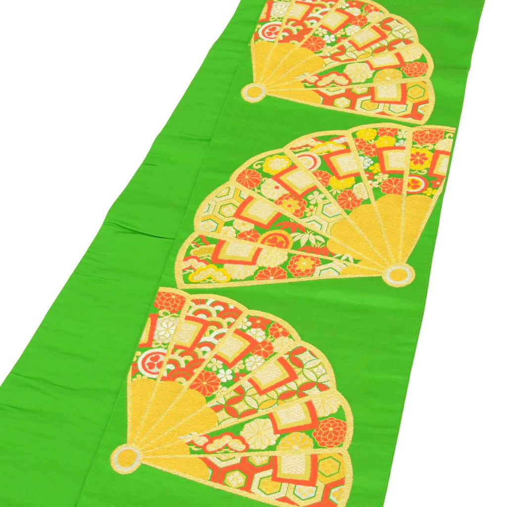 Vintage Japanese Obi | Girl's Fukuro Obi | Green Silk | Fan Pattern | Gold Silver Thread | Junior | Sustainable | uu1875b