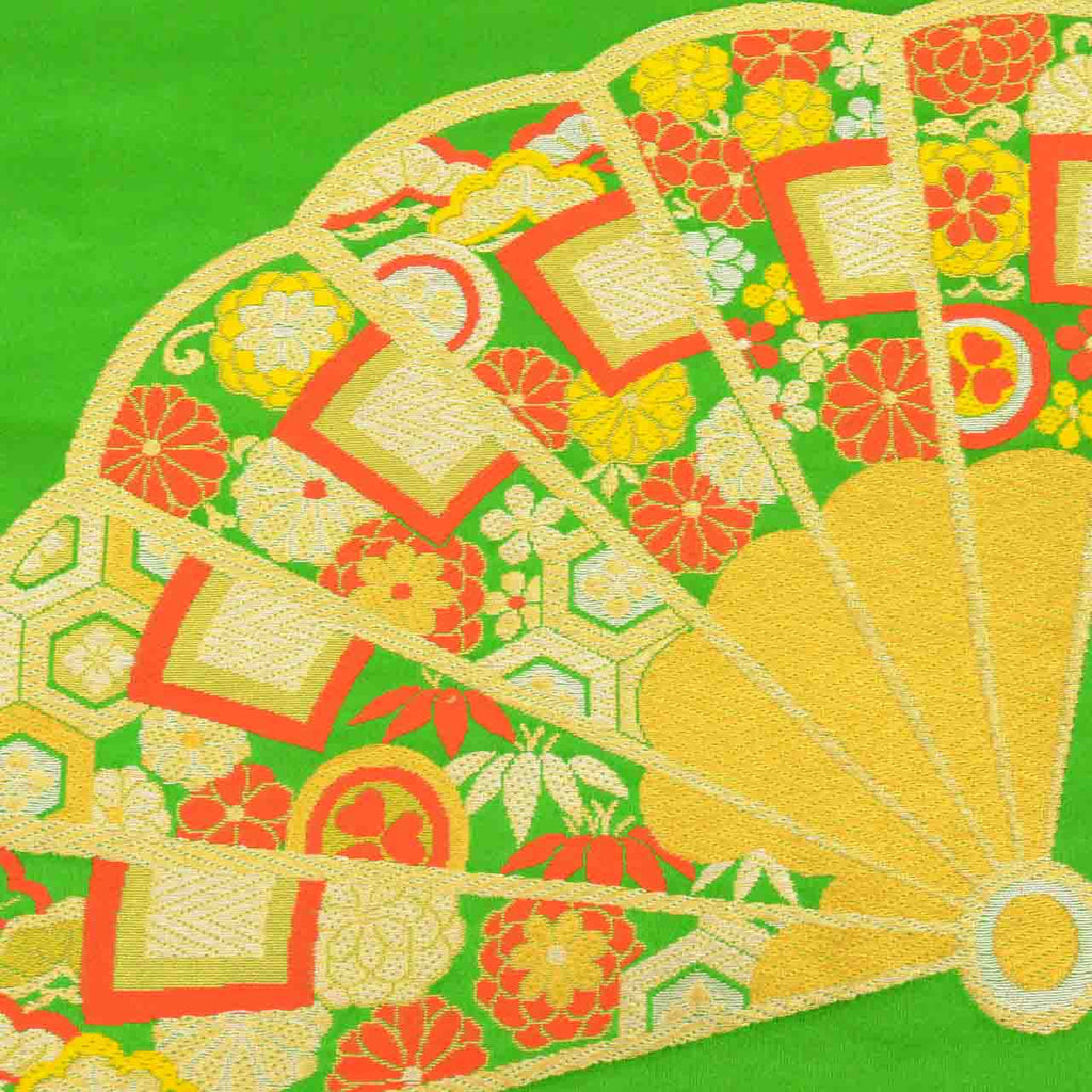 Vintage Japanese Obi | Girl's Fukuro Obi | Green Silk | Fan Pattern | Gold Silver Thread | Junior | Sustainable | uu1875b