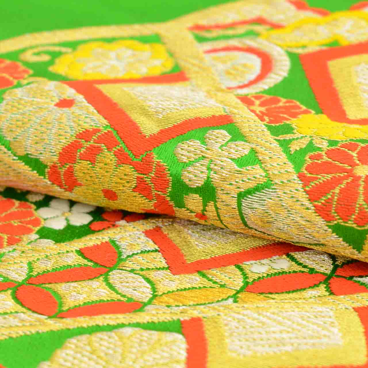 Vintage Japanese Obi | Girl's Fukuro Obi | Green Silk | Fan Pattern | Gold Silver Thread | Junior | Sustainable | uu1875b