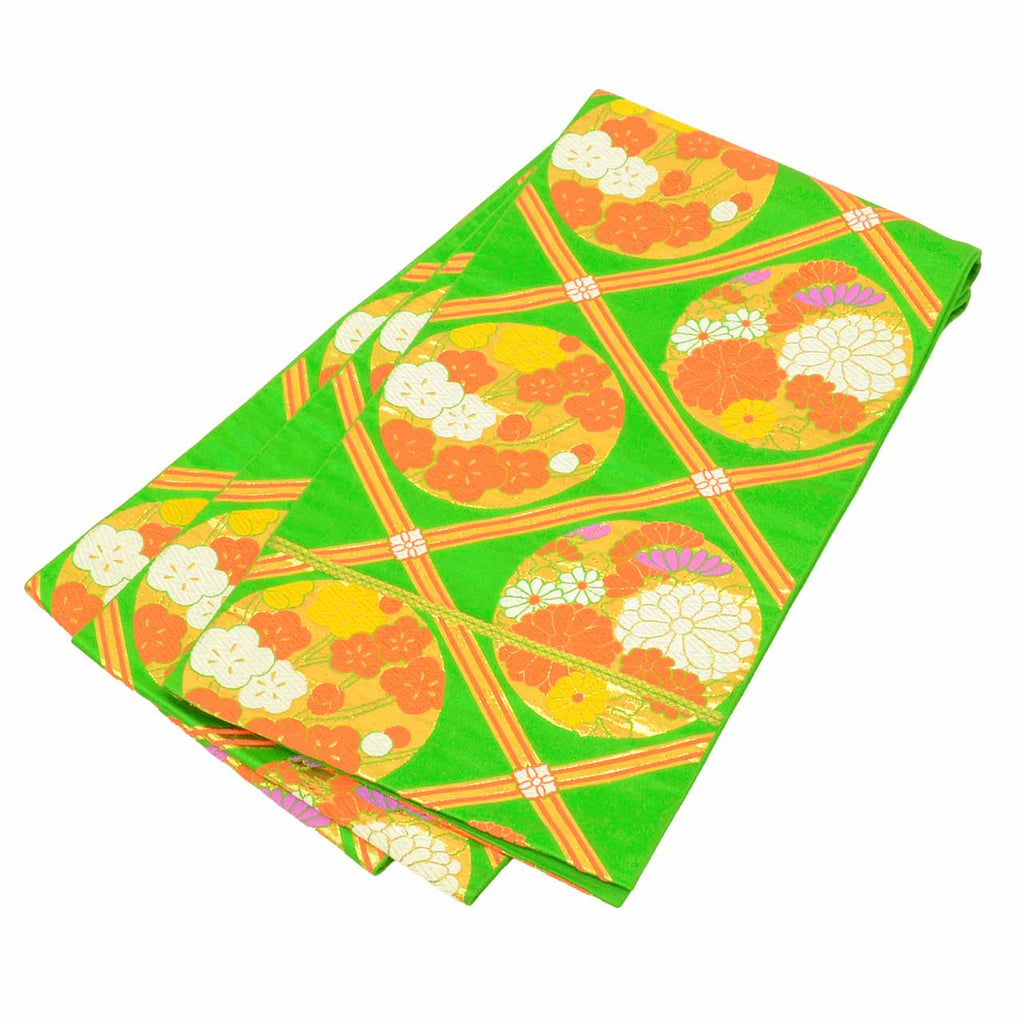 Vintage Japanese Obi | Girl's Fukuro Obi | Green Silk | Diamond Circle Floral | Gold Thread | Junior | Sustainable | uu1876b