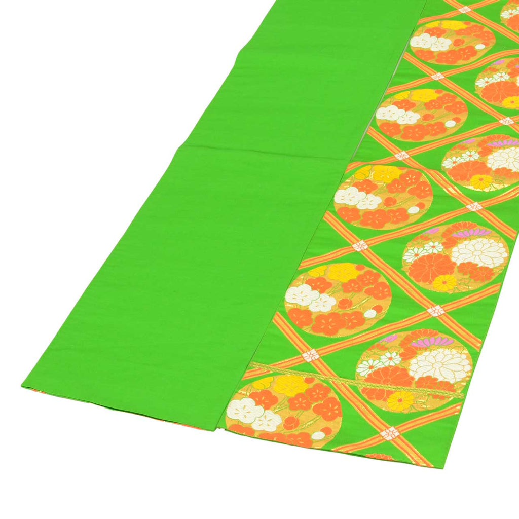 Vintage Japanese Obi | Girl's Fukuro Obi | Green Silk | Diamond Circle Floral | Gold Thread | Junior | Sustainable | uu1876b