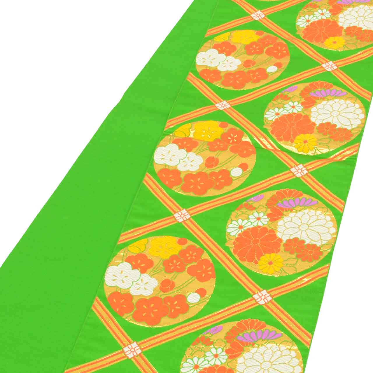 Vintage Japanese Obi | Girl's Fukuro Obi | Green Silk | Diamond Circle Floral | Gold Thread | Junior | Sustainable | uu1876b