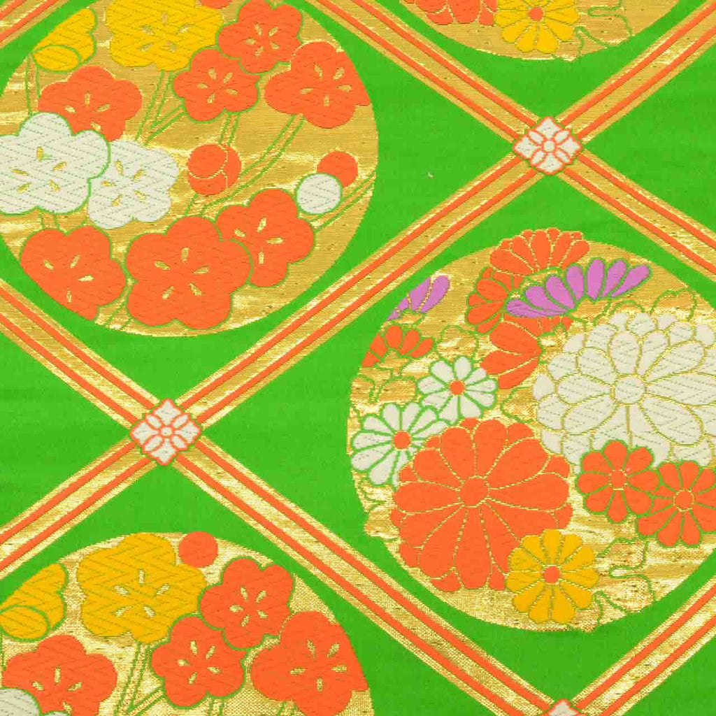 Vintage Japanese Obi | Girl's Fukuro Obi | Green Silk | Diamond Circle Floral | Gold Thread | Junior | Sustainable | uu1876b