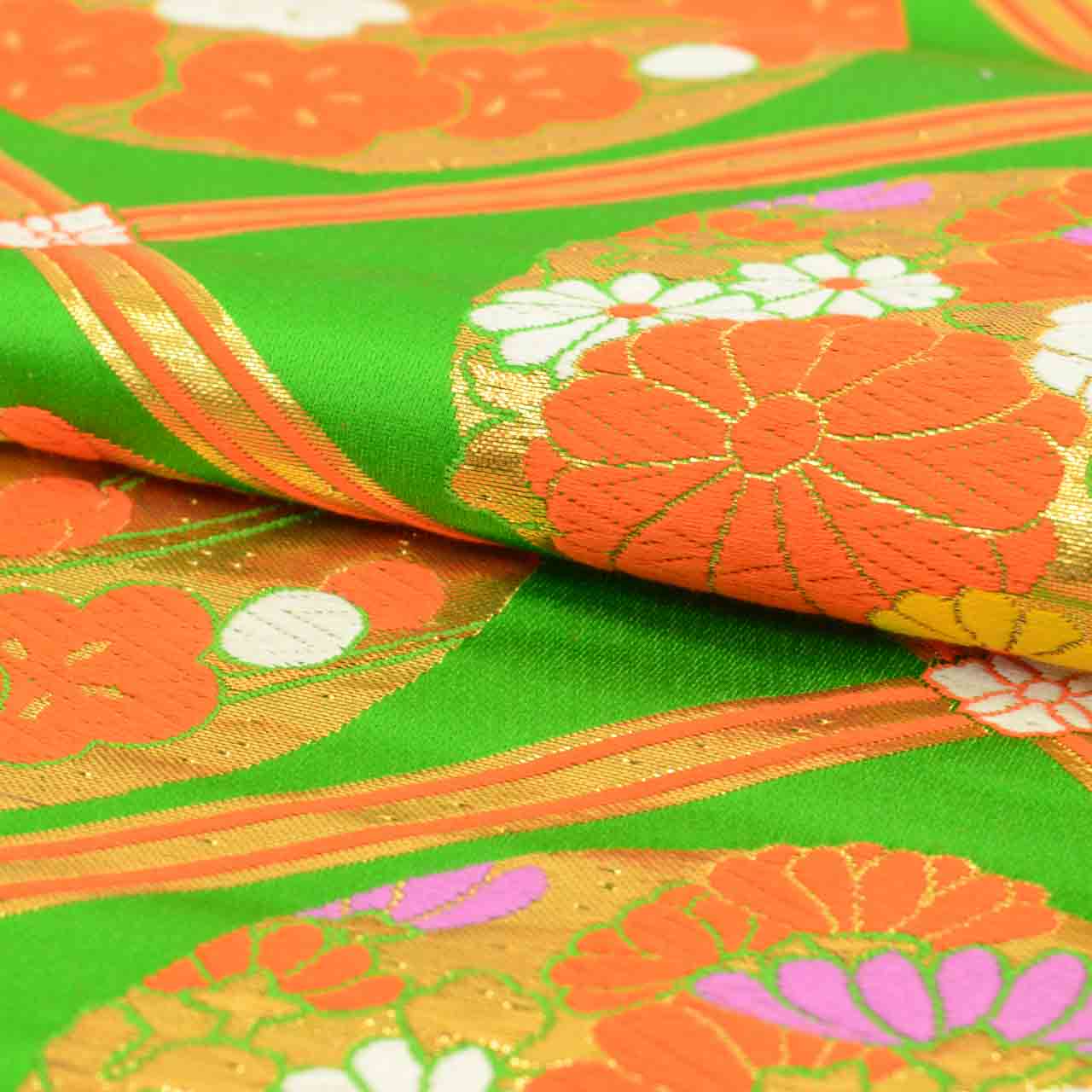 Vintage Japanese Obi | Girl's Fukuro Obi | Green Silk | Diamond Circle Floral | Gold Thread | Junior | Sustainable | uu1876b