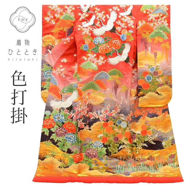 【中古】 リサイクル着物 色打掛 花嫁衣装 正絹 裄67cm 身丈194cm L 赤色系 鶴文様 刺繍 唐織 引箔 uu1889b