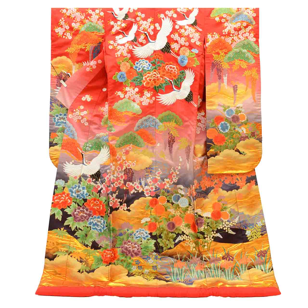 [Used] Recycled Kimono, Irouchikake (Wedding Kimono), Pure Silk, Sleeve Length 67.0cm (26.4in), Body Length 194.0cm (76.4in), Size L, Red, Crane Pattern Embroidery, Tang Weave, Gold Leaf, uu1889b 