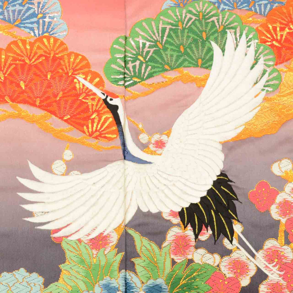 [Used] Recycled Kimono, Irouchikake (Wedding Kimono), Pure Silk, Sleeve Length 67.0cm (26.4in), Body Length 194.0cm (76.4in), Size L, Red, Crane Pattern Embroidery, Tang Weave, Gold Leaf, uu1889b 