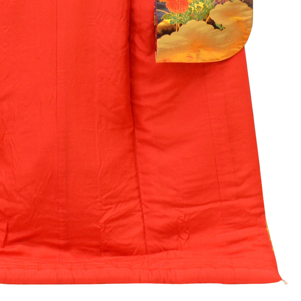 [Used] Recycled Kimono, Irouchikake (Wedding Kimono), Pure Silk, Sleeve Length 67.0cm (26.4in), Body Length 194.0cm (76.4in), Size L, Red, Crane Pattern Embroidery, Tang Weave, Gold Leaf, uu1889b 