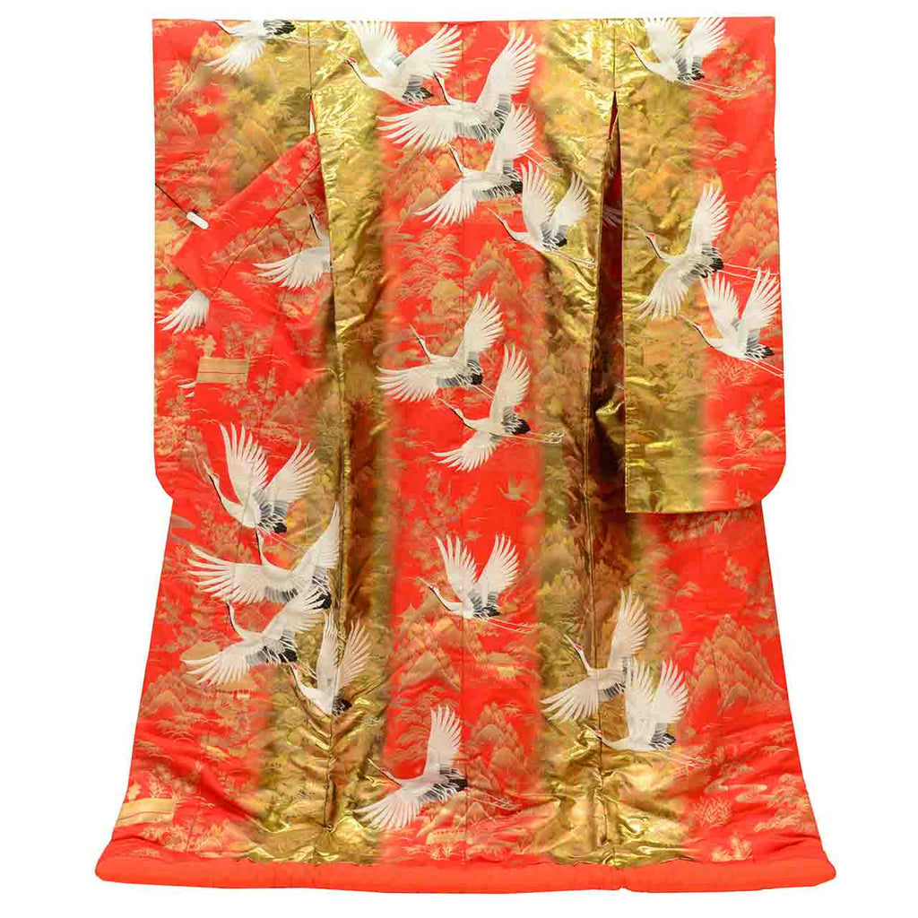 [Used] Recycled Kimono, Irouchikake (Wedding Kimono), Pure Silk, Sleeve Length 66.0cm (26.0in), Body Length 198.0cm (78.0in), Size LL, Orange, Crane Pattern, Embroidery, Gold Leaf, uu1890b 