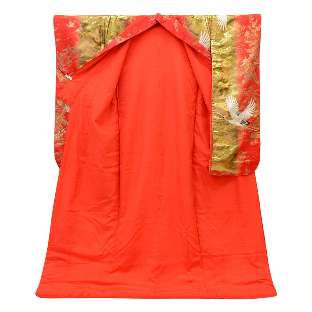 [Used] Recycled Kimono, Irouchikake (Wedding Kimono), Pure Silk, Sleeve Length 66.0cm (26.0in), Body Length 198.0cm (78.0in), Size LL, Orange, Crane Pattern, Embroidery, Gold Leaf, uu1890b 