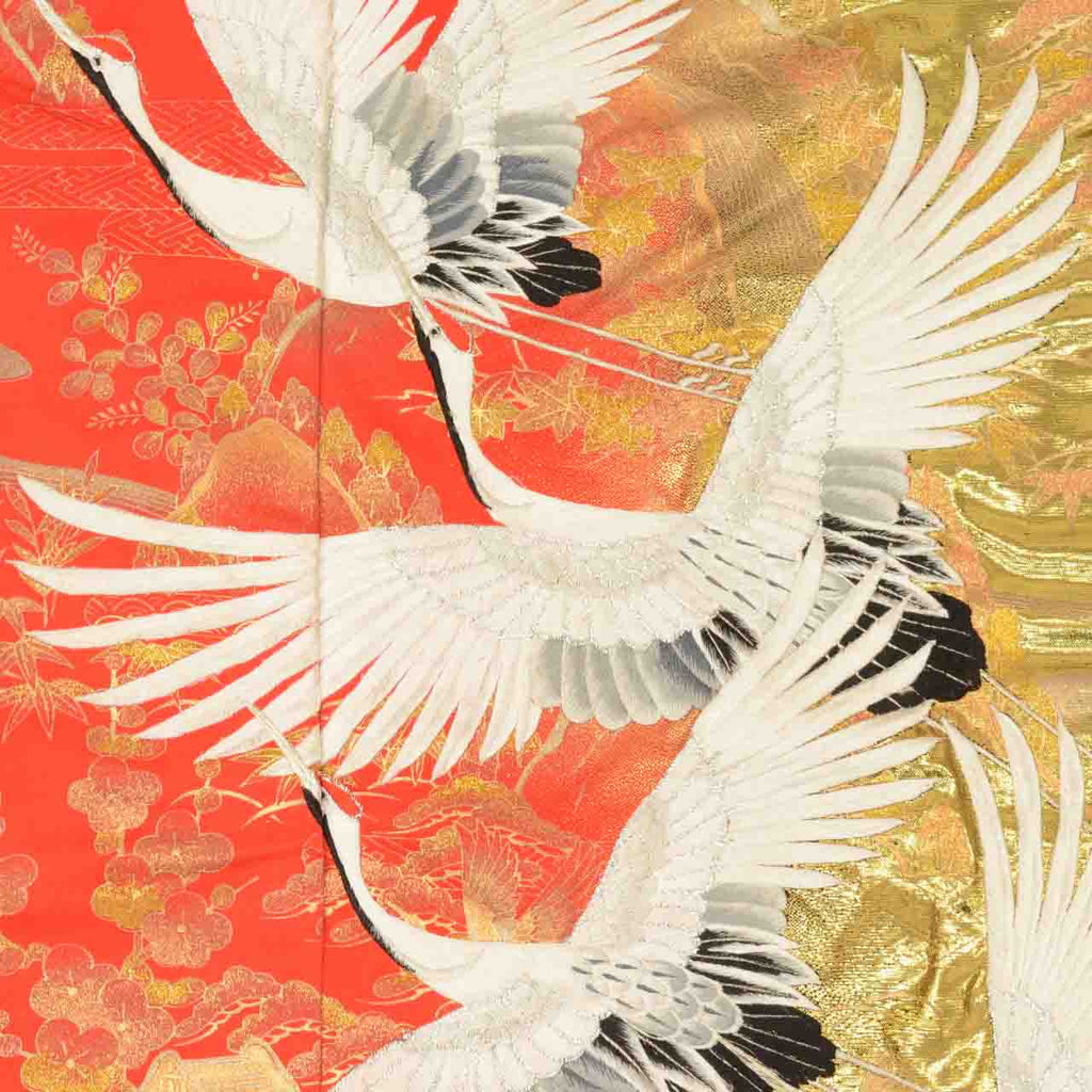 [Used] Recycled Kimono, Irouchikake (Wedding Kimono), Pure Silk, Sleeve Length 66.0cm (26.0in), Body Length 198.0cm (78.0in), Size LL, Orange, Crane Pattern, Embroidery, Gold Leaf, uu1890b 