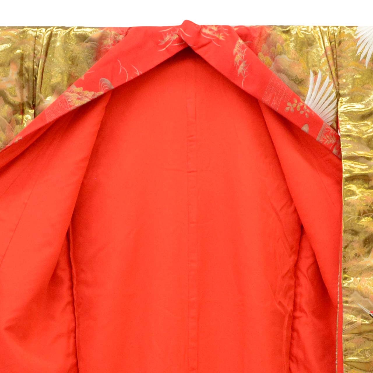 [Used] Recycled Kimono, Irouchikake (Wedding Kimono), Pure Silk, Sleeve Length 66.0cm (26.0in), Body Length 198.0cm (78.0in), Size LL, Orange, Crane Pattern, Embroidery, Gold Leaf, uu1890b 