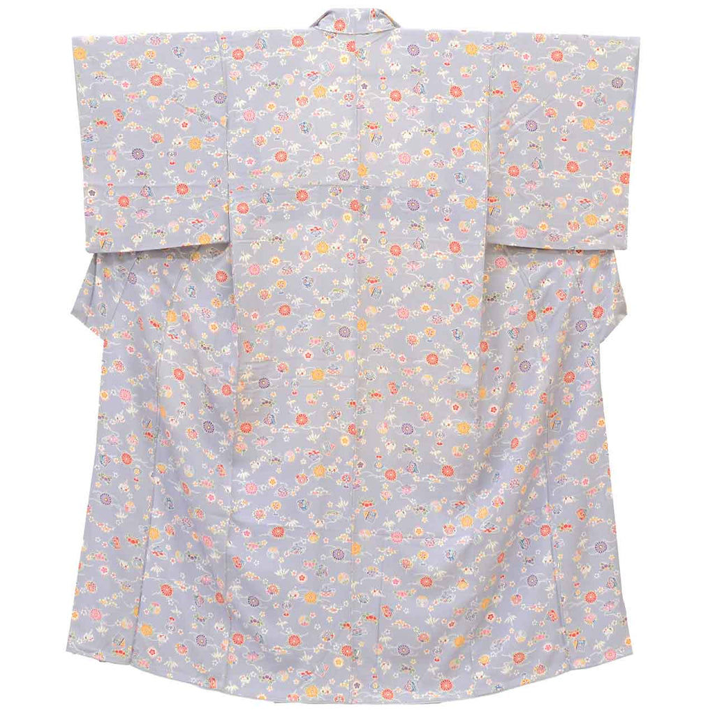 [Used] Recycled Kimono, Komon style, Pure Silk, Size S, Good Condition, Length 153cm, Made by Mitsukoshi, Sleeve Length 63cm, Lined, Ready-made, Crepe fabric, Gray, Flower, Fan, Umbrella, Shikishi (decorative paper), Comb, Reused uu1899b 