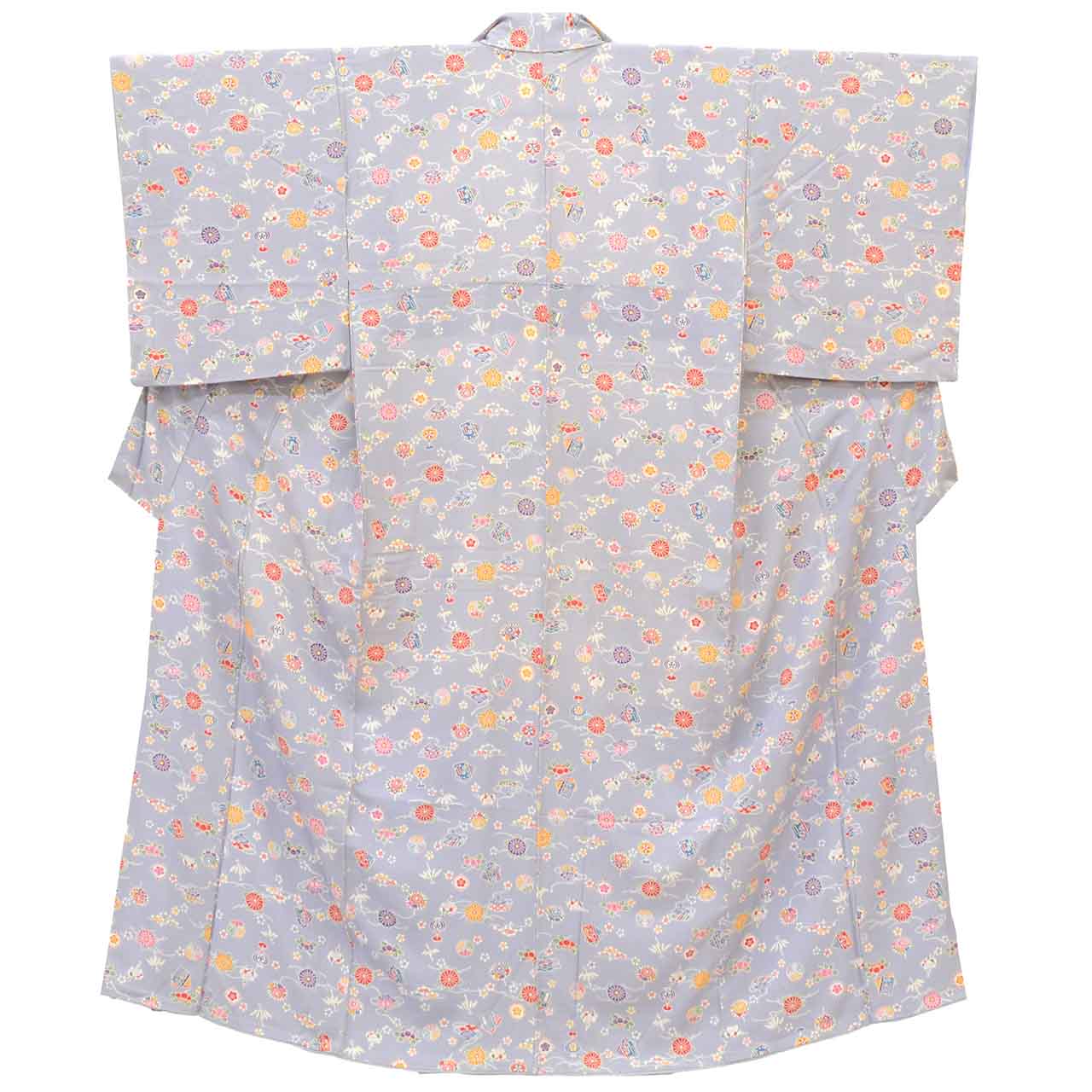 [Used] Recycled Kimono, Komon style, Pure Silk, Size S, Good Condition, Length 153cm, Made by Mitsukoshi, Sleeve Length 63cm, Lined, Ready-made, Crepe fabric, Gray, Flower, Fan, Umbrella, Shikishi (decorative paper), Comb, Reused uu1899b 