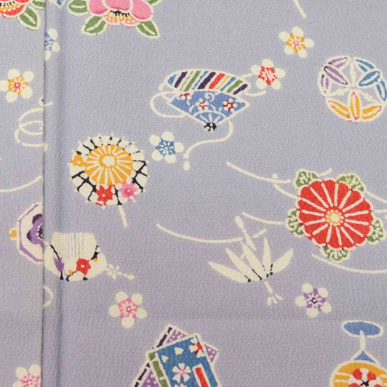 [Used] Recycled Kimono, Komon style, Pure Silk, Size S, Good Condition, Length 153cm, Made by Mitsukoshi, Sleeve Length 63cm, Lined, Ready-made, Crepe fabric, Gray, Flower, Fan, Umbrella, Shikishi (decorative paper), Comb, Reused uu1899b 
