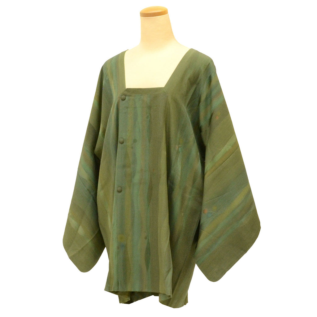 Vintage Japanese Kimono | Michiyuki Coat | Green Silk | Tatewaku Cherry Pattern | Sustainable | uu1918b