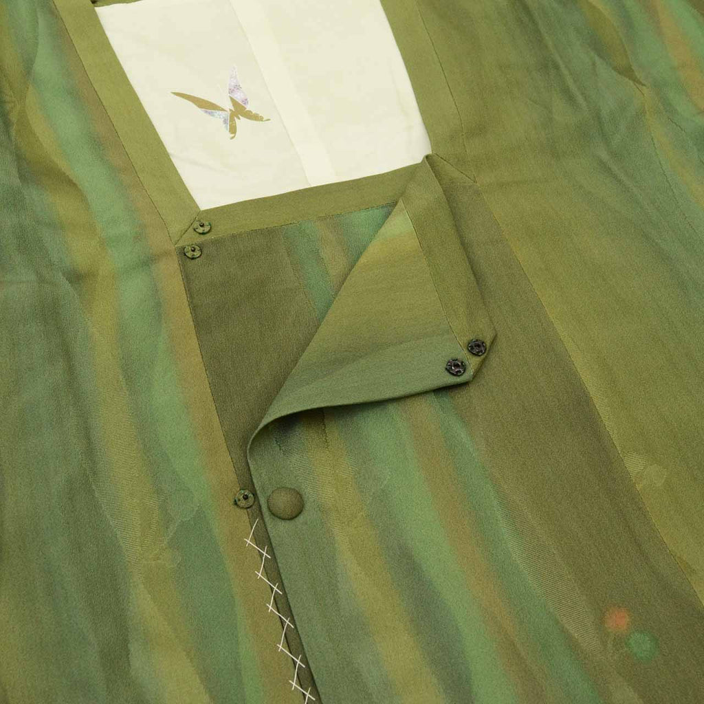 Vintage Japanese Kimono | Michiyuki Coat | Green Silk | Tatewaku Cherry Pattern | Sustainable | uu1918b