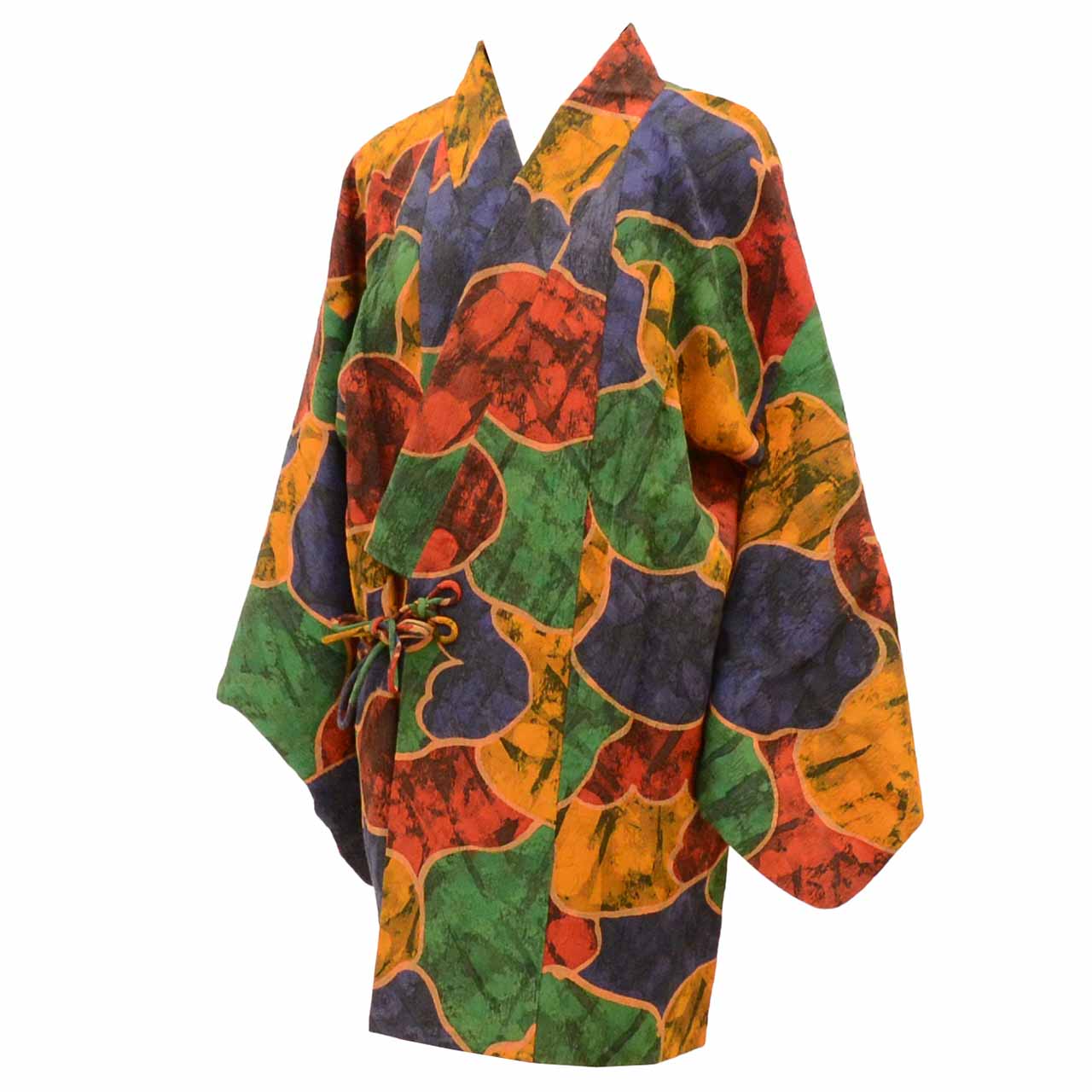Vintage Japanese Kimono | Michiyuki Coat | Navy Green Red Silk | Geometric Pattern | Excellent | Sustainable | uu1929b