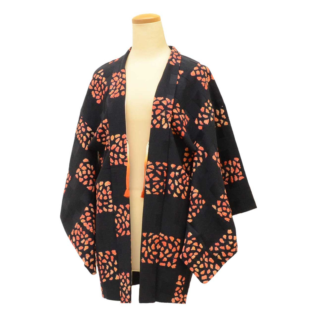 [Used] Silk Haori (short jacket), Sleeve length 64.0cm (25.2in), Body length 78.0cm (30.7in), Black, Shibori pattern, Comes with haori cord uu1936b 