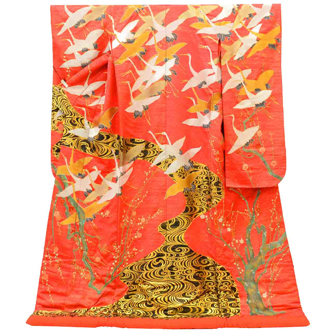 [Used] Recycled Kimono, Irouchikake (Wedding Kimono), Pure Silk, Retro Style, Sleeve Length 66.5cm (26.2in), Body Length 193.0cm (76.0in), Size L, Red, Crane Pattern, Sagura Embroidery, Gold Thread Embroidery, Gold Leaf, uu1960b 
