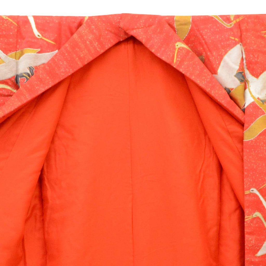 [Used] Recycled Kimono, Irouchikake (Wedding Kimono), Pure Silk, Retro Style, Sleeve Length 66.5cm (26.2in), Body Length 193.0cm (76.0in), Size L, Red, Crane Pattern, Sagura Embroidery, Gold Thread Embroidery, Gold Leaf, uu1960b 