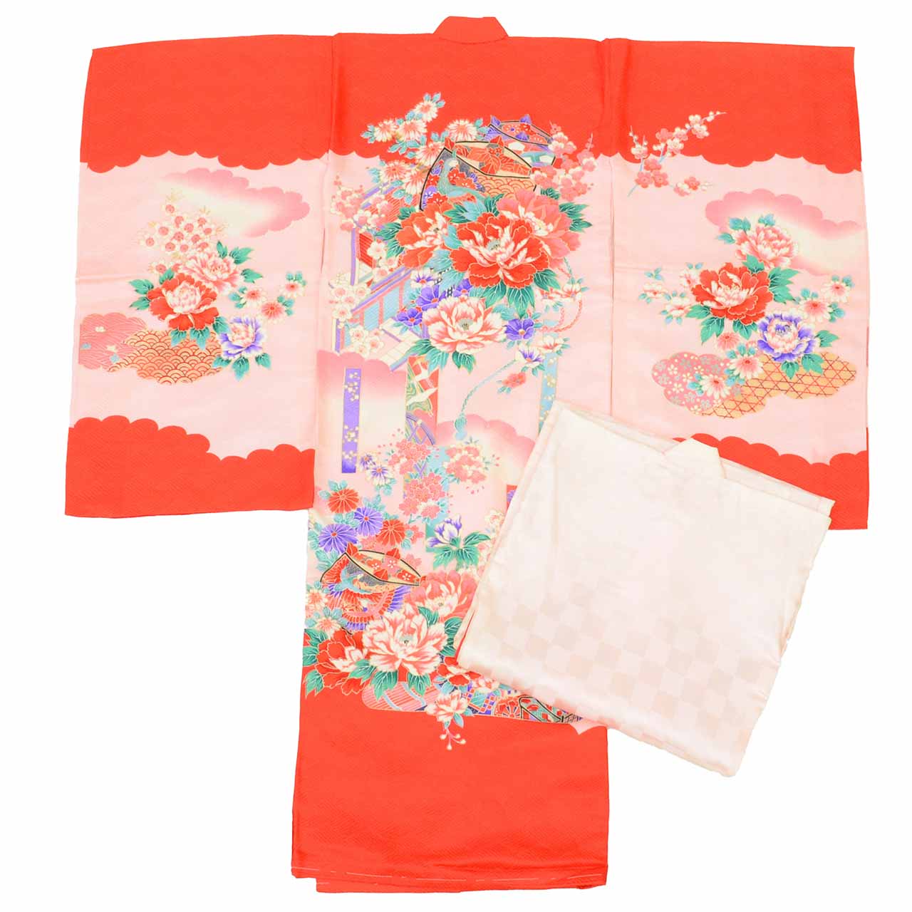 [Used] Recycled Kimono for Baby Girl's First Shrine Visit, One-Piece, Pure Silk, Ready-Made, Sleeve Length 45cm, Body Length 96cm, Pink, Thread Spool and Seasonal Flower Pattern, Comes with Undergarment, Baby, Gold Embellishment, First Kimono uu1972b 
