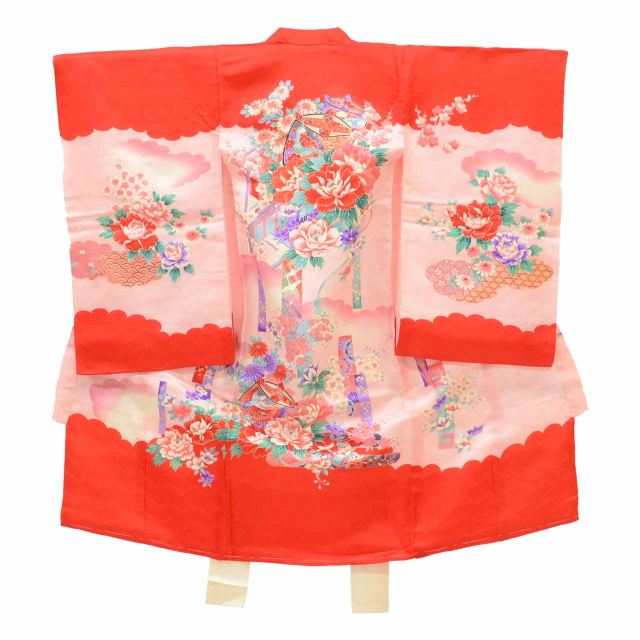 [Used] Recycled Kimono for Baby Girl's First Shrine Visit, One-Piece, Pure Silk, Ready-Made, Sleeve Length 45cm, Body Length 96cm, Pink, Thread Spool and Seasonal Flower Pattern, Comes with Undergarment, Baby, Gold Embellishment, First Kimono uu1972b 