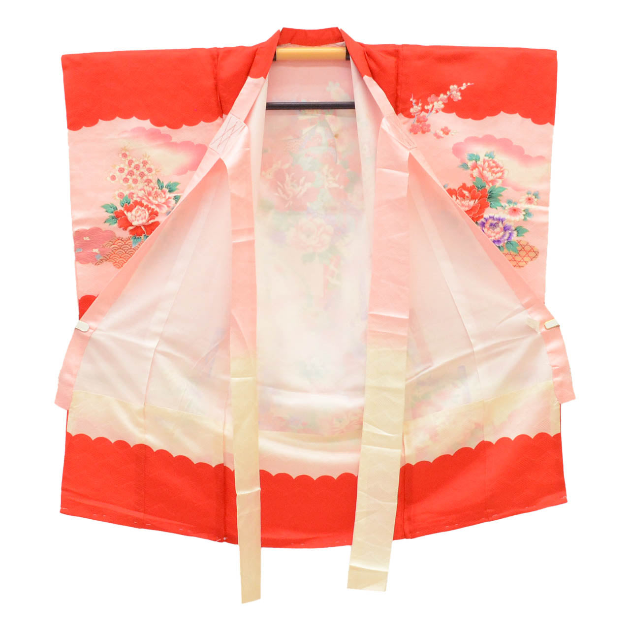 [Used] Recycled Kimono for Baby Girl's First Shrine Visit, One-Piece, Pure Silk, Ready-Made, Sleeve Length 45cm, Body Length 96cm, Pink, Thread Spool and Seasonal Flower Pattern, Comes with Undergarment, Baby, Gold Embellishment, First Kimono uu1972b 