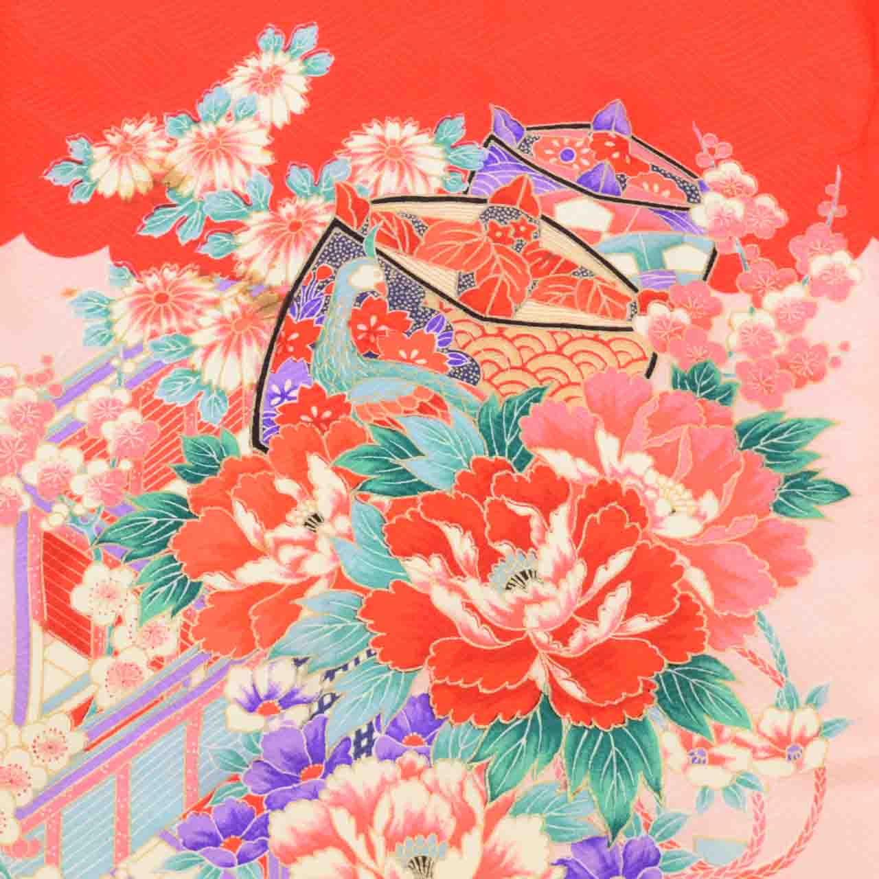 [Used] Recycled Kimono for Baby Girl's First Shrine Visit, One-Piece, Pure Silk, Ready-Made, Sleeve Length 45cm, Body Length 96cm, Pink, Thread Spool and Seasonal Flower Pattern, Comes with Undergarment, Baby, Gold Embellishment, First Kimono uu1972b 