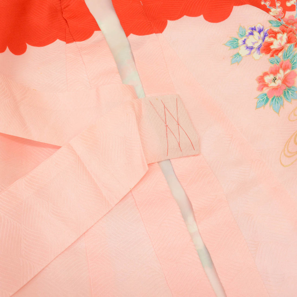[Used] Recycled Kimono for Baby Girl's First Shrine Visit, One-Piece, Pure Silk, Ready-Made, Sleeve Length 45cm, Body Length 96cm, Pink, Thread Spool and Seasonal Flower Pattern, Comes with Undergarment, Baby, Gold Embellishment, First Kimono uu1972b 