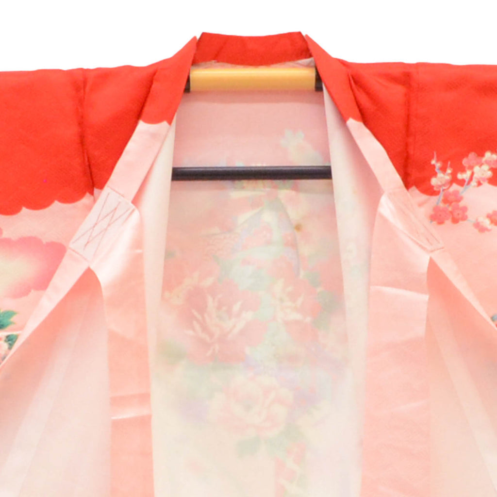 [Used] Recycled Kimono for Baby Girl's First Shrine Visit, One-Piece, Pure Silk, Ready-Made, Sleeve Length 45cm, Body Length 96cm, Pink, Thread Spool and Seasonal Flower Pattern, Comes with Undergarment, Baby, Gold Embellishment, First Kimono uu1972b 