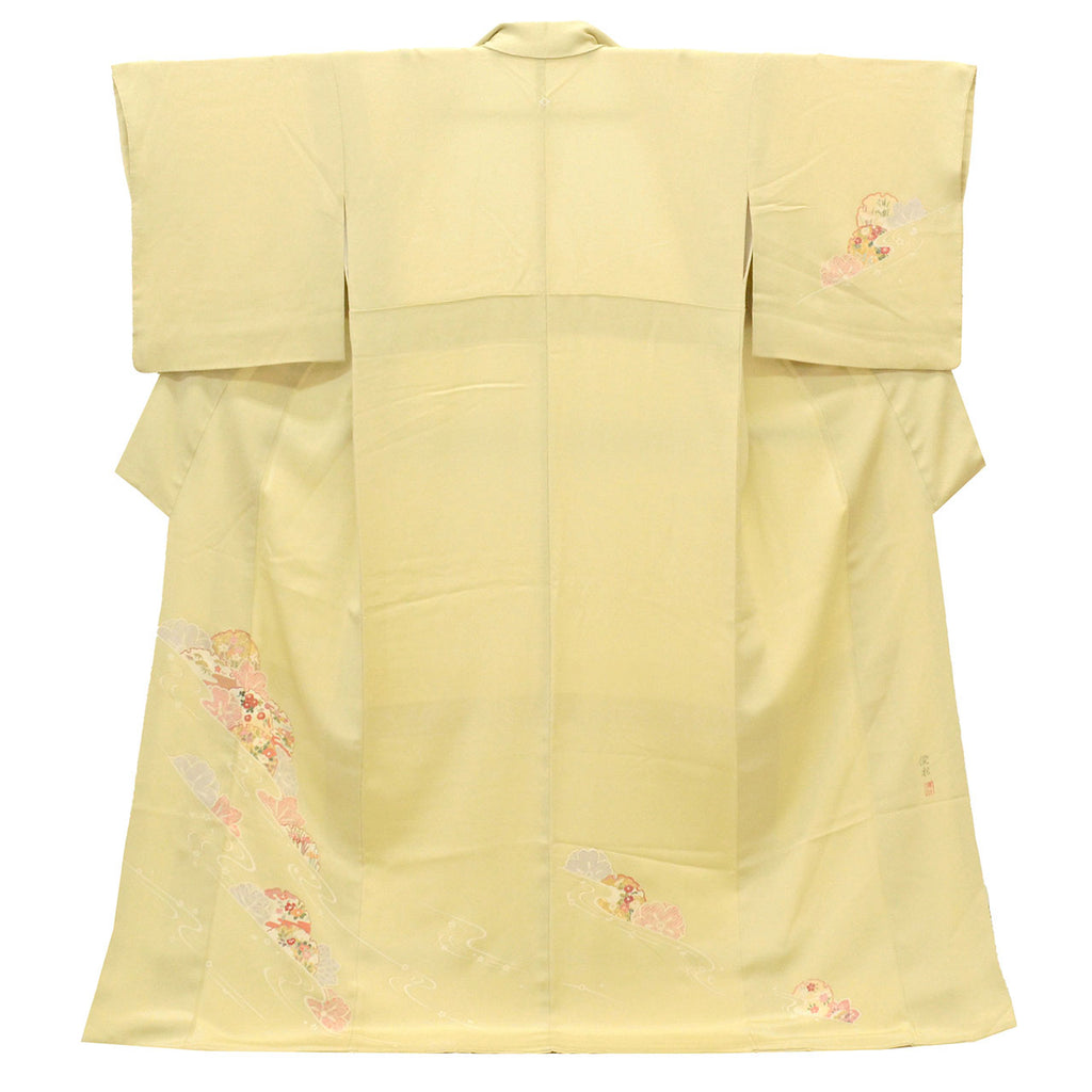 Vintage Japanese Kimono | Tsukesage | Green Silk Crepe | Snow Circle Floral | Gold Foil | Artist Shunsou | One Crest | Sustainable | uu1977b