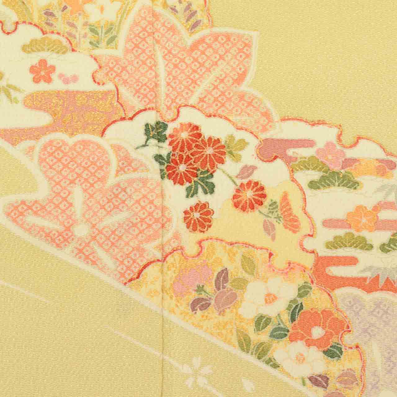 Vintage Japanese Kimono | Tsukesage | Green Silk Crepe | Snow Circle Floral | Gold Foil | Artist Shunsou | One Crest | Sustainable | uu1977b
