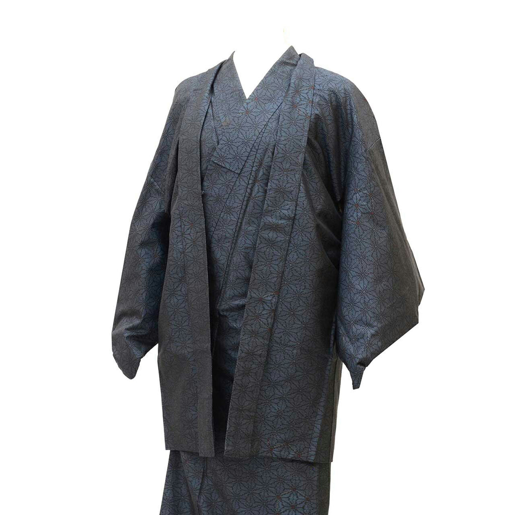 Vintage Japanese Kimono | Women's Oshima Tsumugi Ensemble | Navy Silk | Hemp Leaf Pattern | Size M | Sustainable | uu1985b