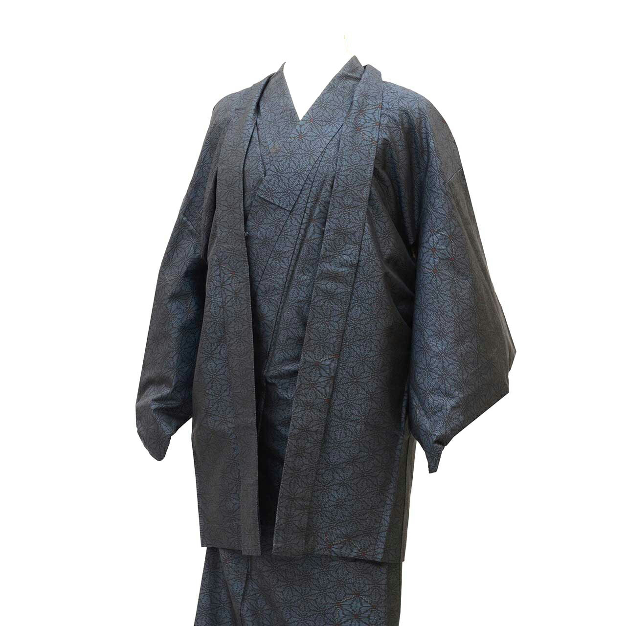 Vintage Japanese Kimono | Women's Oshima Tsumugi Ensemble | Navy Silk | Hemp Leaf Pattern | Size M | Sustainable | uu1985b