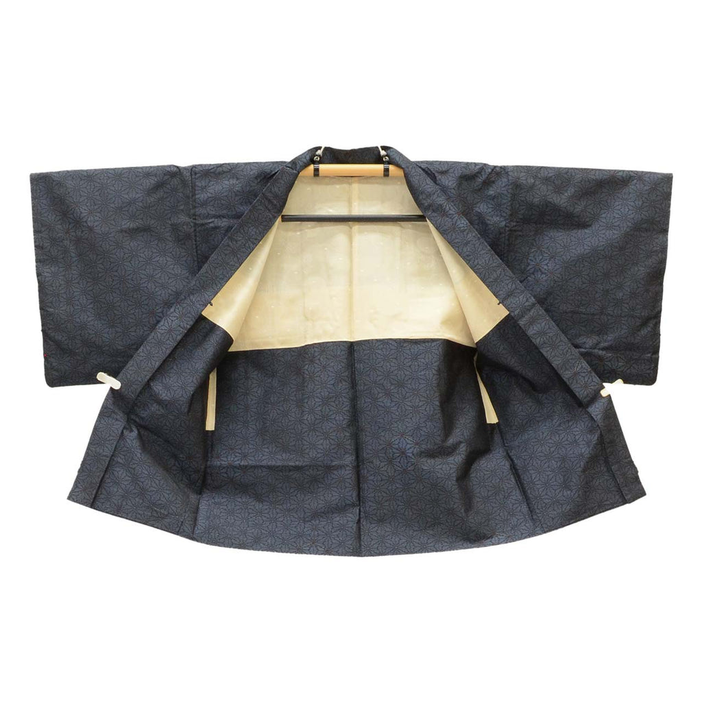Vintage Japanese Kimono | Women's Oshima Tsumugi Ensemble | Navy Silk | Hemp Leaf Pattern | Size M | Sustainable | uu1985b