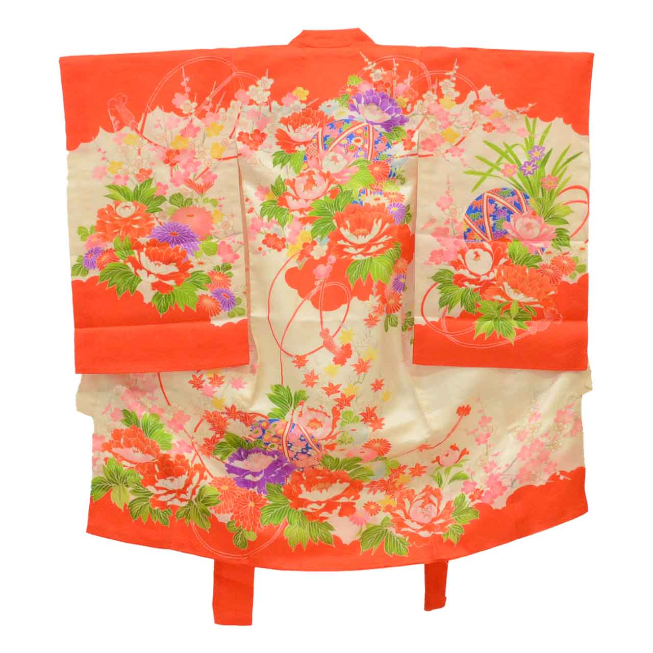 [Used] Recycled Kimono for Baby Girl, One-Piece, Pure Silk, Ready-Made, Sleeve Length 47.0cm (18.5in), Body Length 98.0cm (38.6in), White, Ball and Seasonal Flower Pattern, Comes with Undergarment, Baby, Gold Embellishments, First Kimono uu1989b 